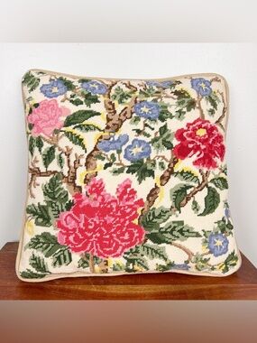 Vintage Floral Needlepoint Throw Pillow Flowers Pink Blue Tan